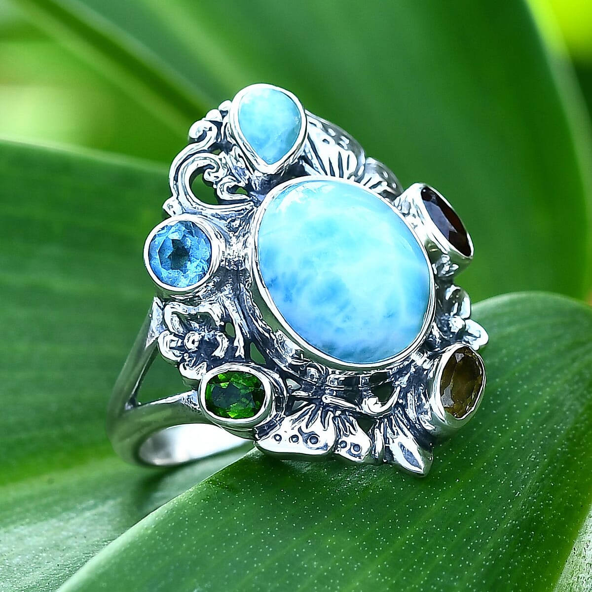D'Joy Bali Legacy Larimar and Multi Gemstone 7.10 ctw Floral and Butterfly Ring in Sterling Silver (Size 9.0) image number 1