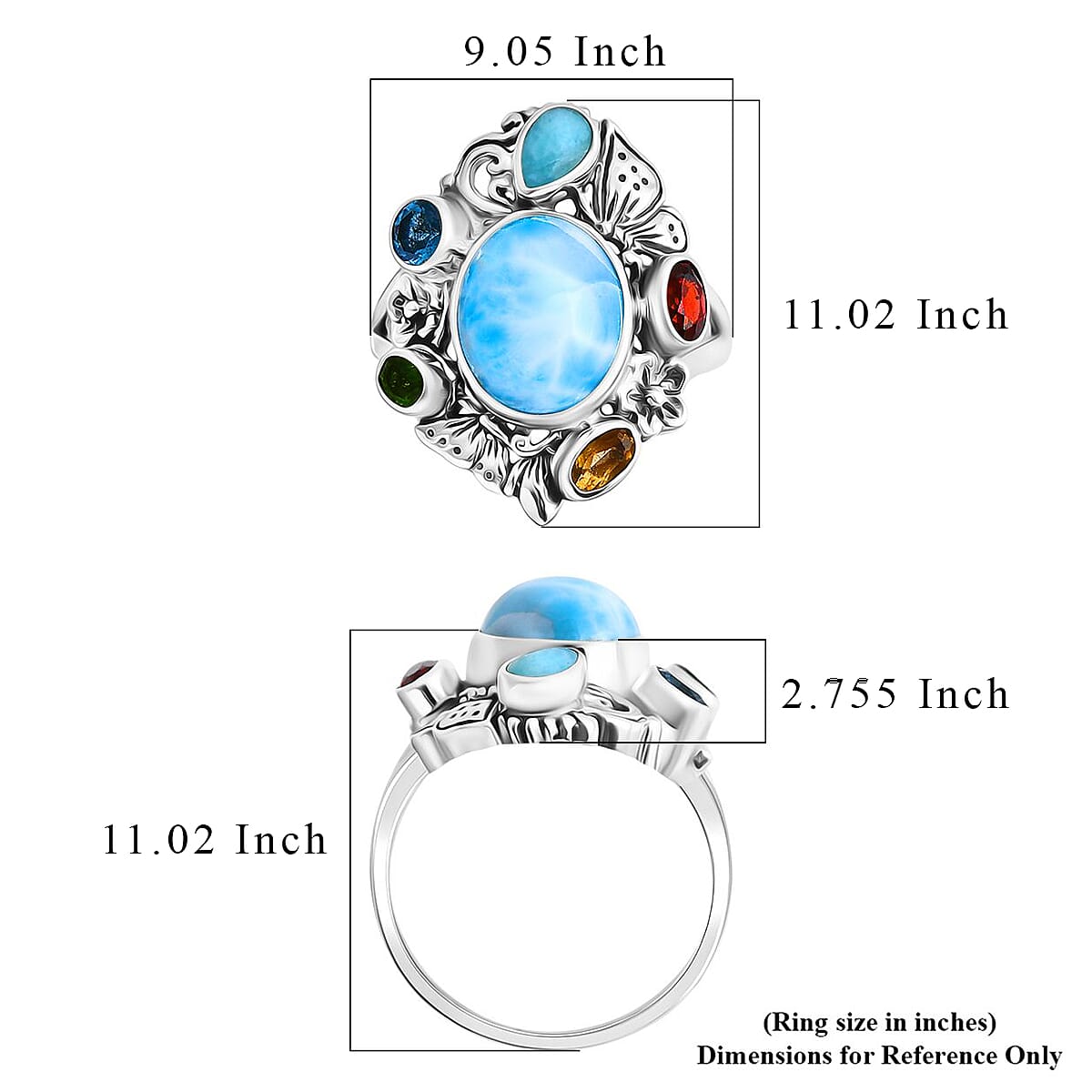 D'Joy Bali Legacy Larimar and Multi Gemstone 7.10 ctw Floral and Butterfly Ring in Sterling Silver (Size 9.0) image number 5