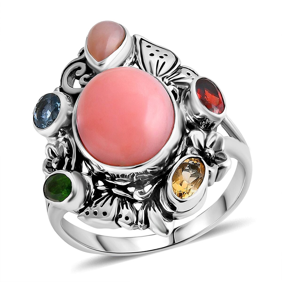 Bali Legacy Pink Opal and Multi Gemstone 5.40 ctw Floral and Butterfly Ring in Sterling Silver (Size 10.0) image number 0
