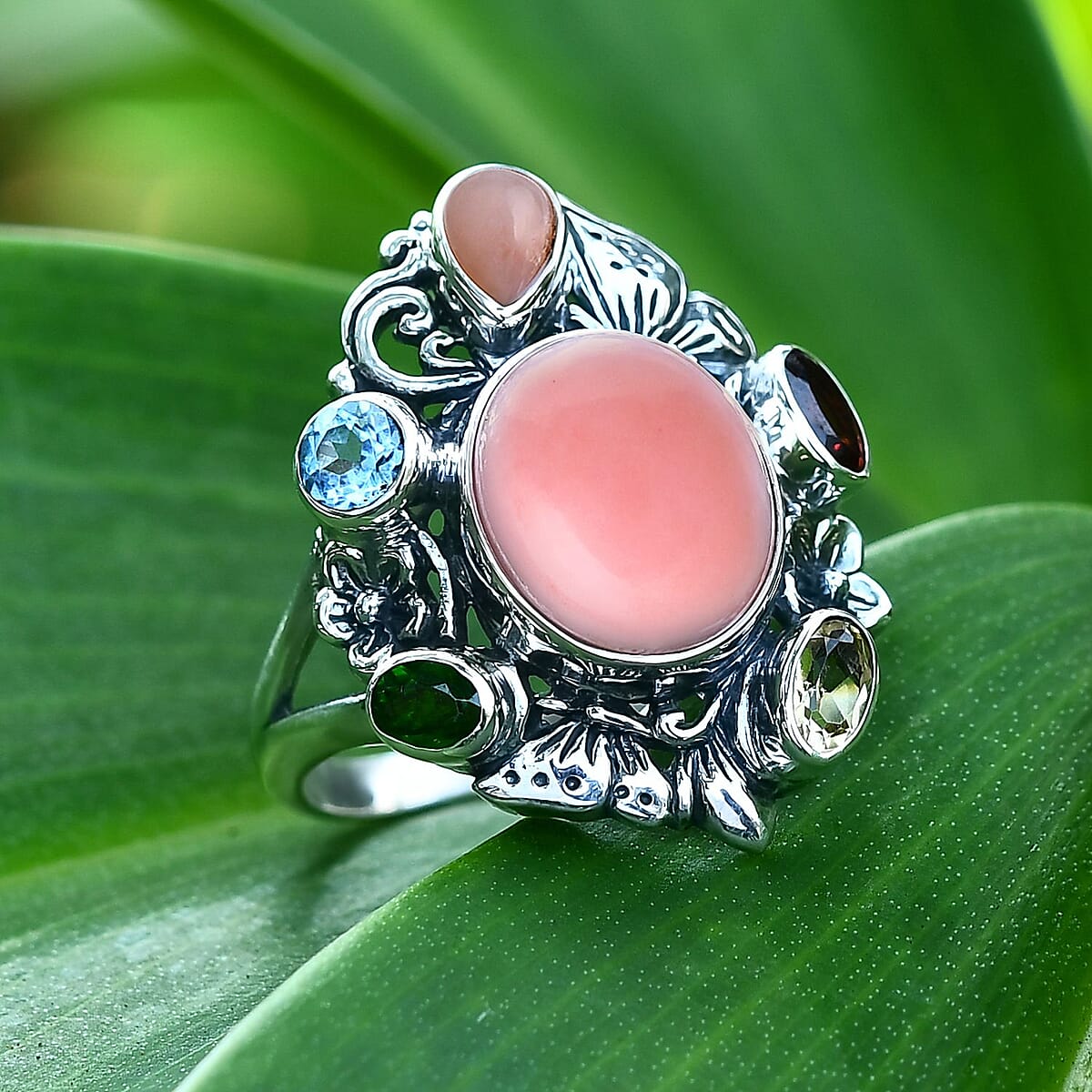 Bali Legacy Pink Opal and Multi Gemstone 5.40 ctw Floral and Butterfly Ring in Sterling Silver (Size 10.0) image number 1
