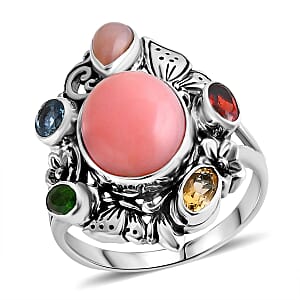 D'Joy Bali Legacy Pink Opal and Multi Gemstone 5.40 ctw Floral and Butterfly Ring in Sterling Silver (Size 8.0)