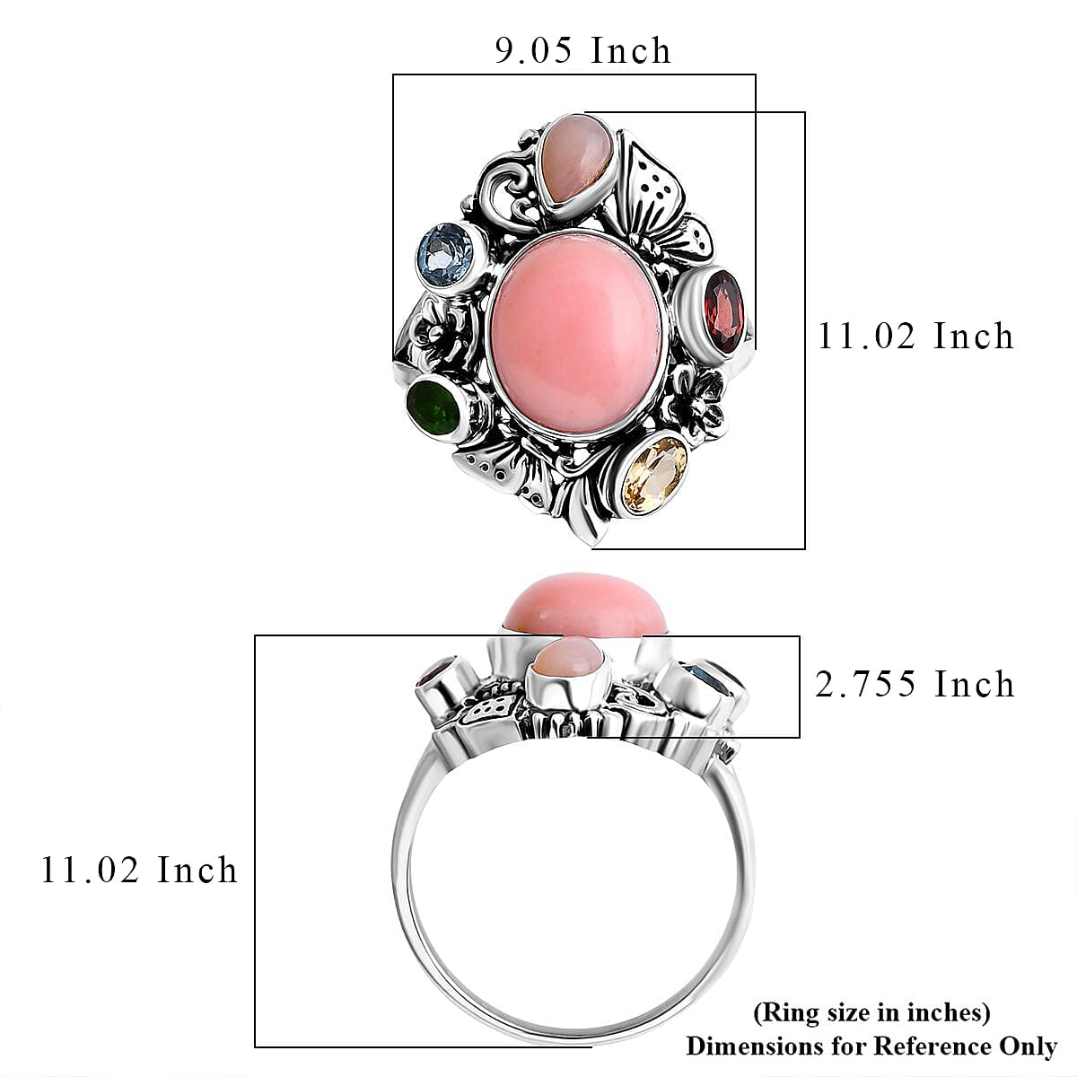 D'Joy Bali Legacy Pink Opal and Multi Gemstone 5.40 ctw Floral and Butterfly Ring in Sterling Silver (Size 8.0) image number 5