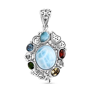 Bali Legacy Larimar and Multi Gemstone 6.80 ctw Floral and Butterfly Pendant in Sterling Silver