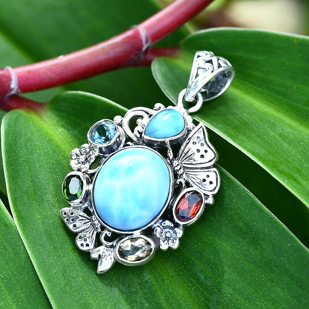 Bali Legacy Larimar and Multi Gemstone 6.80 ctw Floral and Butterfly Pendant in Sterling Silver image number 1