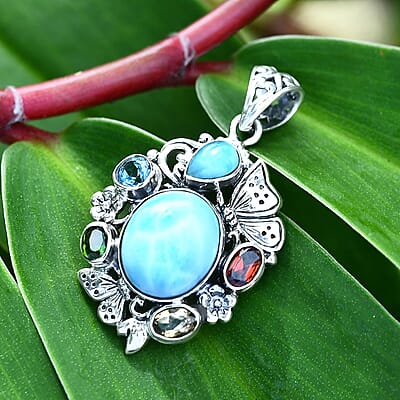 D'Joy Bali Legacy Larimar and Multi Gemstone 6.80 ctw Floral and Butterfly Pendant without Chain in Sterling Silver
