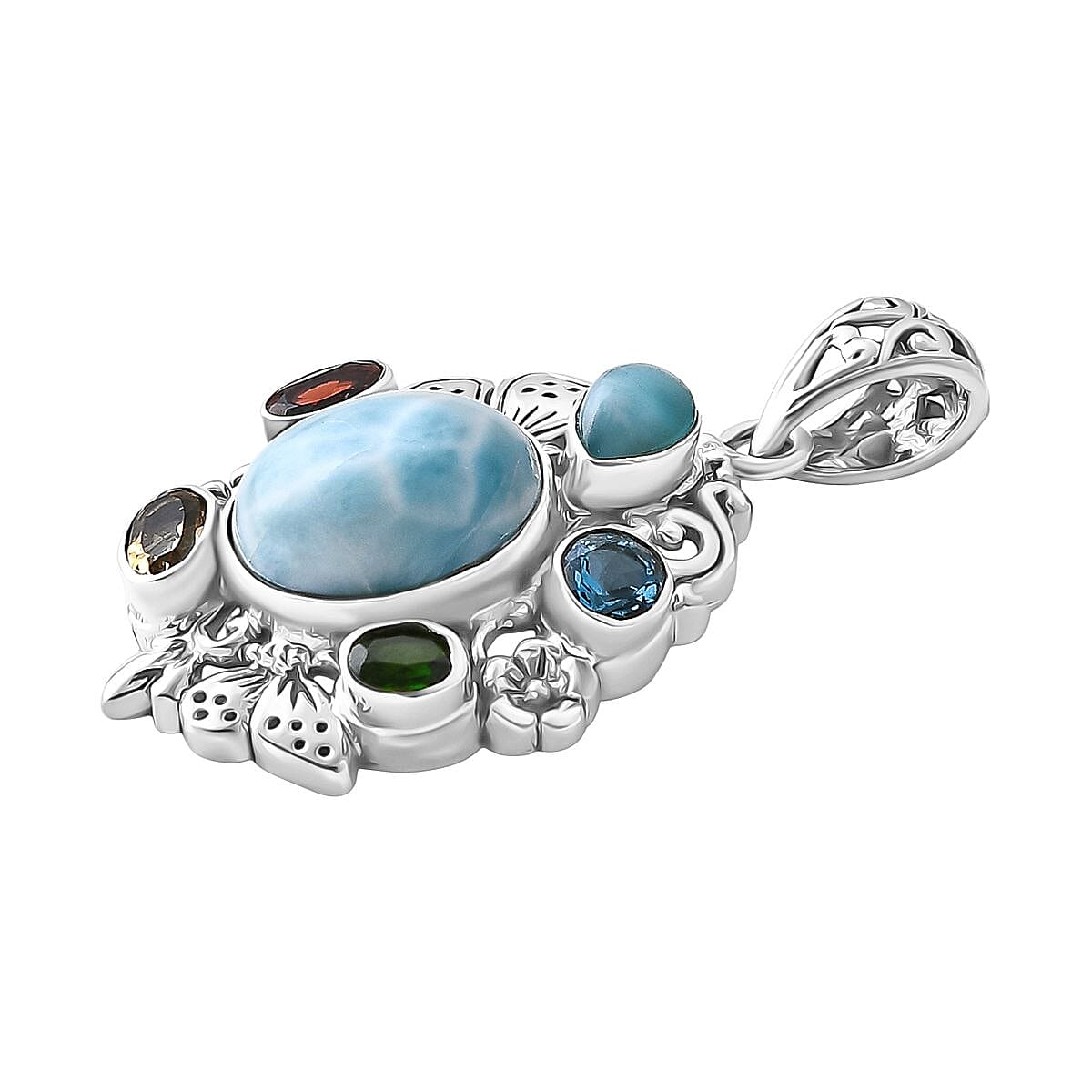 Bali Legacy Larimar and Multi Gemstone 6.80 ctw Floral and Butterfly Pendant in Sterling Silver image number 3