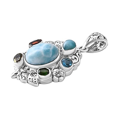 D'Joy Bali Legacy Larimar and Multi Gemstone 6.80 ctw Floral and Butterfly Pendant without Chain in Sterling Silver