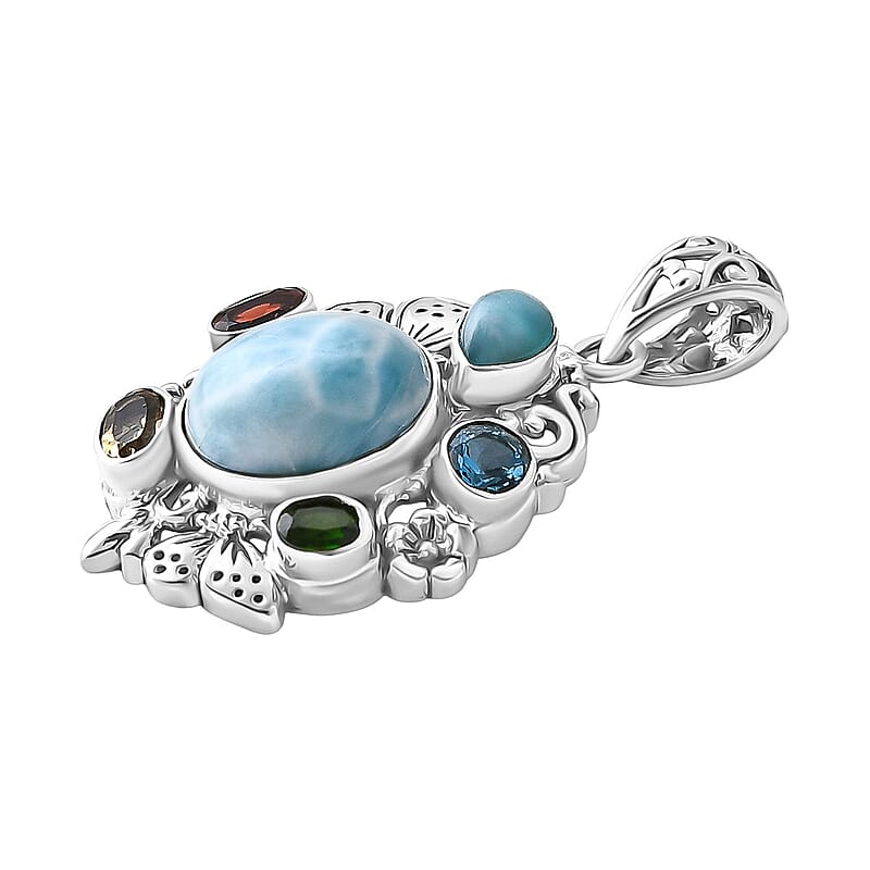 D'Joy Bali Legacy Larimar and Multi Gemstone 6.80 ctw Floral and Butterfly Pendant without Chain in Sterling Silver