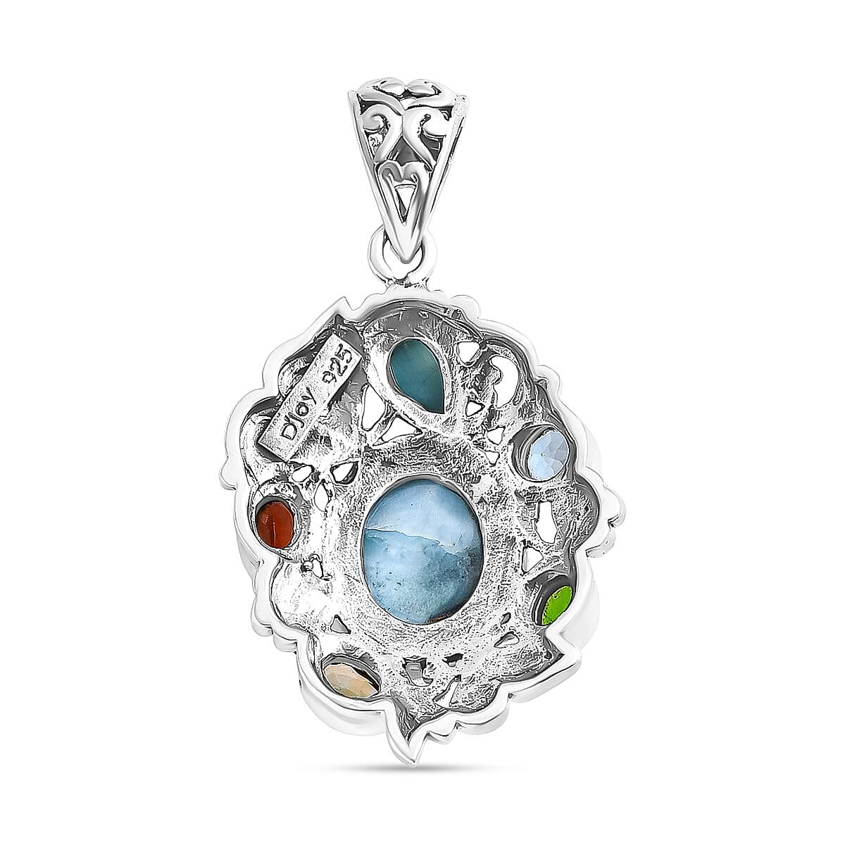 D'Joy Bali Legacy Larimar and Multi Gemstone 6.80 ctw Floral and Butterfly Pendant without Chain in Sterling Silver