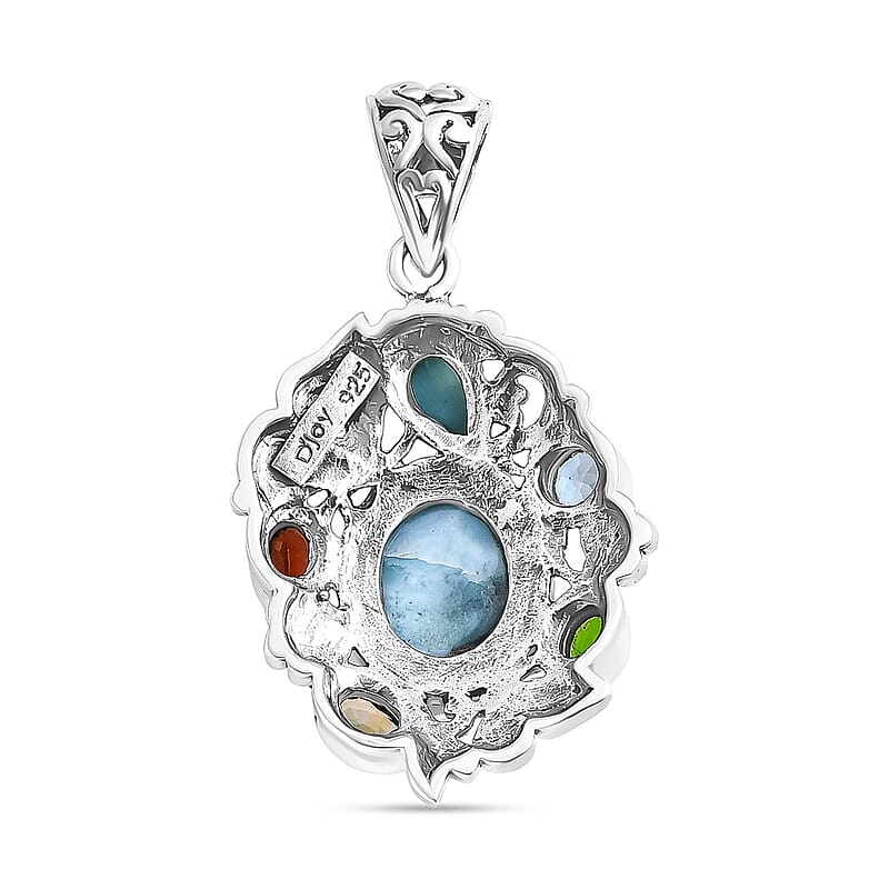 D'Joy Bali Legacy Larimar and Multi Gemstone 6.80 ctw Floral and Butterfly Pendant without Chain in Sterling Silver