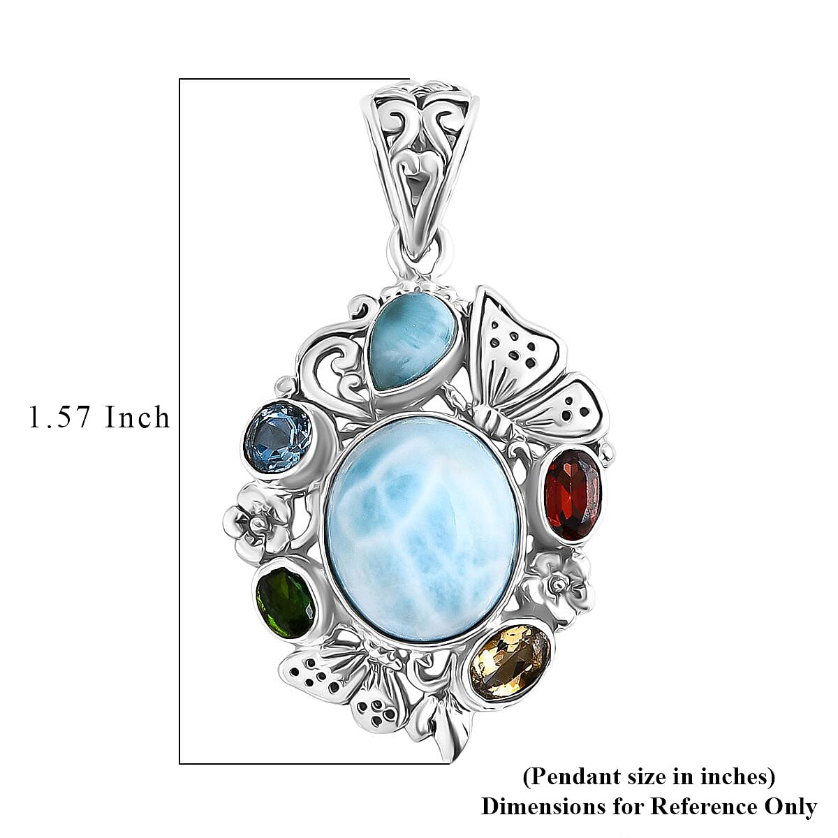 D'Joy Bali Legacy Larimar and Multi Gemstone 6.80 ctw Floral and Butterfly Pendant without Chain in Sterling Silver