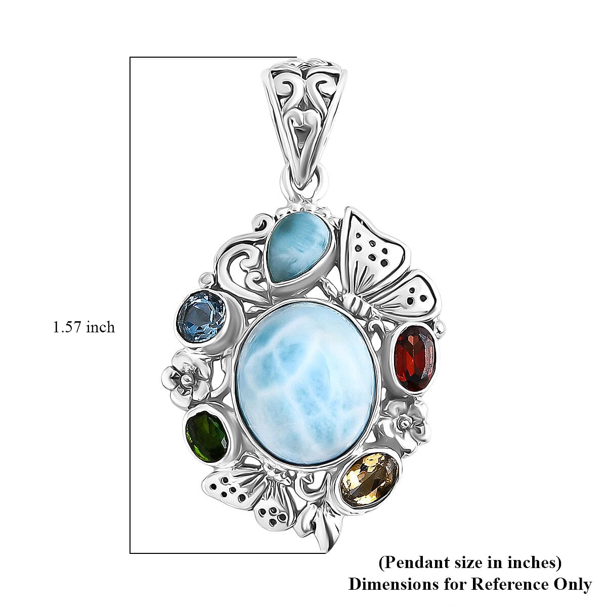 Bali Legacy Larimar and Multi Gemstone 6.80 ctw Floral and Butterfly Pendant in Sterling Silver image number 5