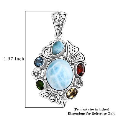 D'Joy Bali Legacy Larimar and Multi Gemstone 6.80 ctw Floral and Butterfly Pendant without Chain in Sterling Silver