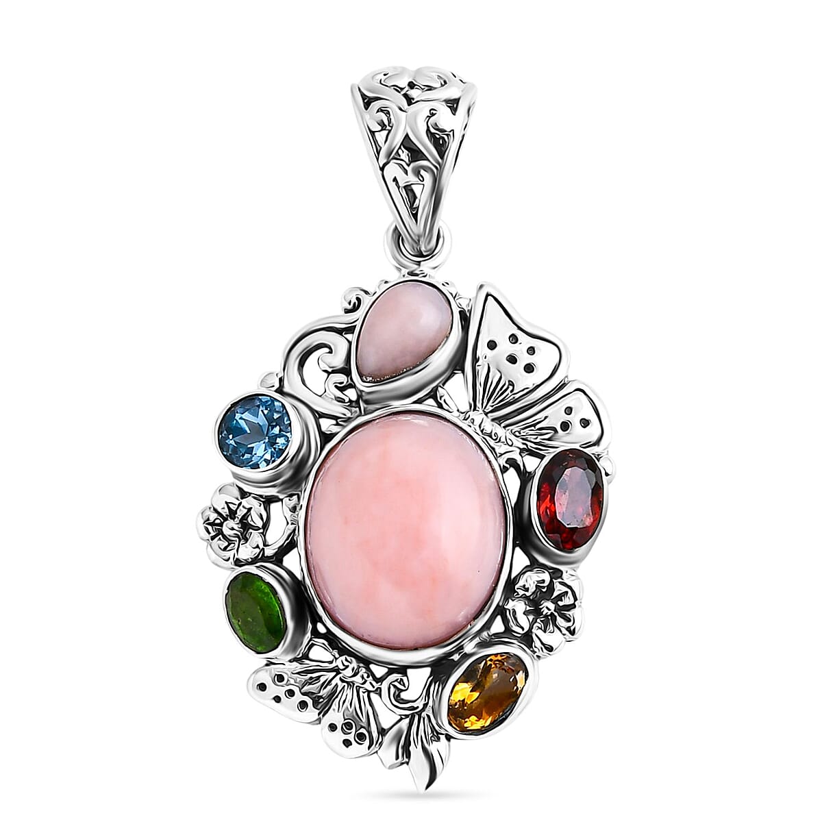 Bali Legacy Pink Opal and Multi Gemstone 5.40 ctw Floral and Butterfly Pendant in Sterling Silver image number 0