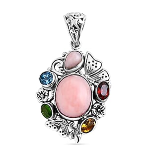 Bali Legacy Pink Opal and Multi Gemstone 5.40 ctw Floral and Butterfly Pendant in Sterling Silver