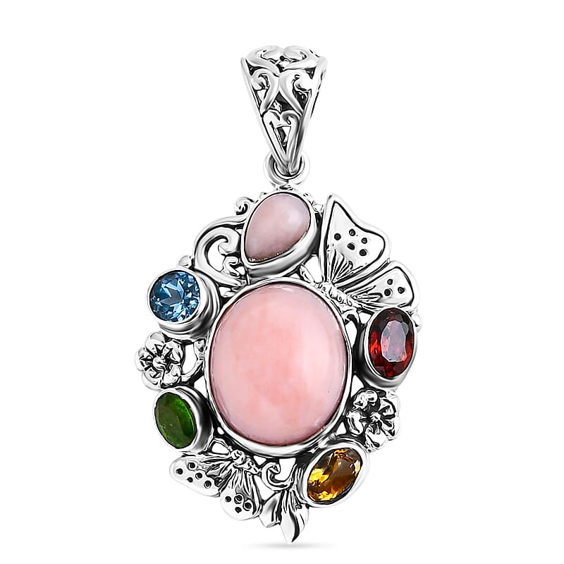D'Joy Bali Legacy Pink Opal and Multi Gemstone 5.40 ctw Floral and Butterfly Pendant in Sterling Silver