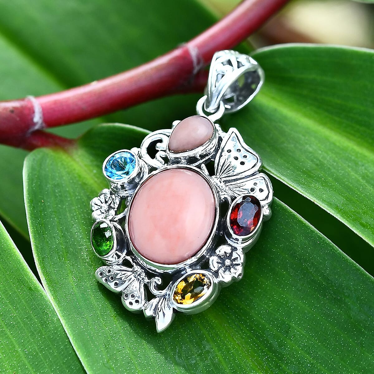 Bali Legacy Pink Opal and Multi Gemstone 5.40 ctw Floral and Butterfly Pendant in Sterling Silver image number 1