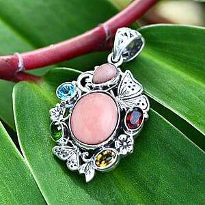 D'Joy Bali Legacy Pink Opal and Multi Gemstone 5.40 ctw Floral and Butterfly Pendant in Sterling Silver