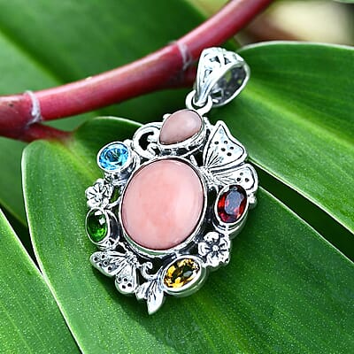 D'Joy Bali Legacy Pink Opal and Multi Gemstone 5.40 ctw Floral and Butterfly Pendant in Sterling Silver