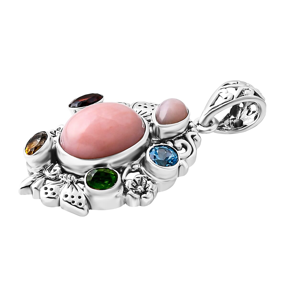 Bali Legacy Pink Opal and Multi Gemstone 5.40 ctw Floral and Butterfly Pendant in Sterling Silver image number 3