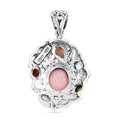 D'Joy Bali Legacy Pink Opal and Multi Gemstone 5.40 ctw Floral and Butterfly Pendant in Sterling Silver