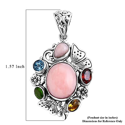 D'Joy Bali Legacy Pink Opal and Multi Gemstone 5.40 ctw Floral and Butterfly Pendant in Sterling Silver