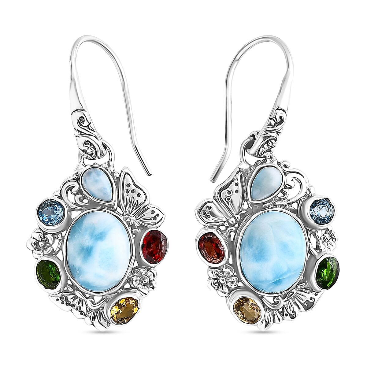 Bali Legacy Larimar and Multi Gemstone 8.35 ctw Floral and Butterfly Earrings in Sterling Silver image number 0
