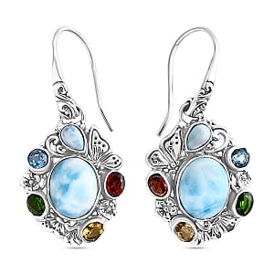 Bali Legacy Larimar and Multi Gemstone 8.35 ctw Floral and Butterfly Earrings in Sterling Silver
