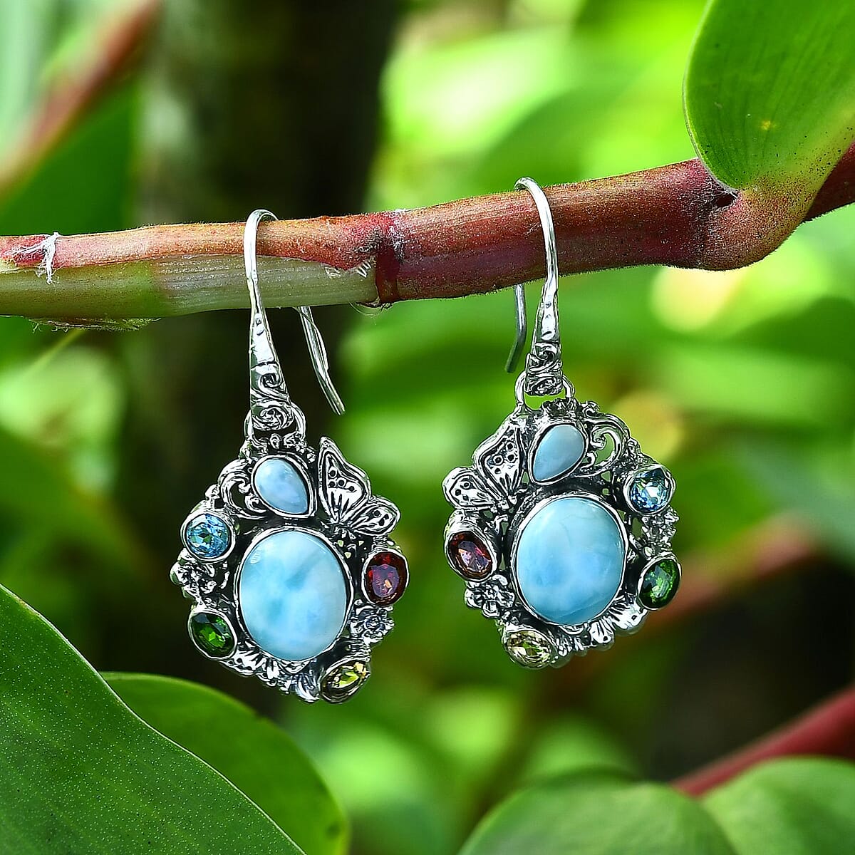 Bali Legacy Larimar and Multi Gemstone 8.35 ctw Floral and Butterfly Earrings in Sterling Silver image number 1