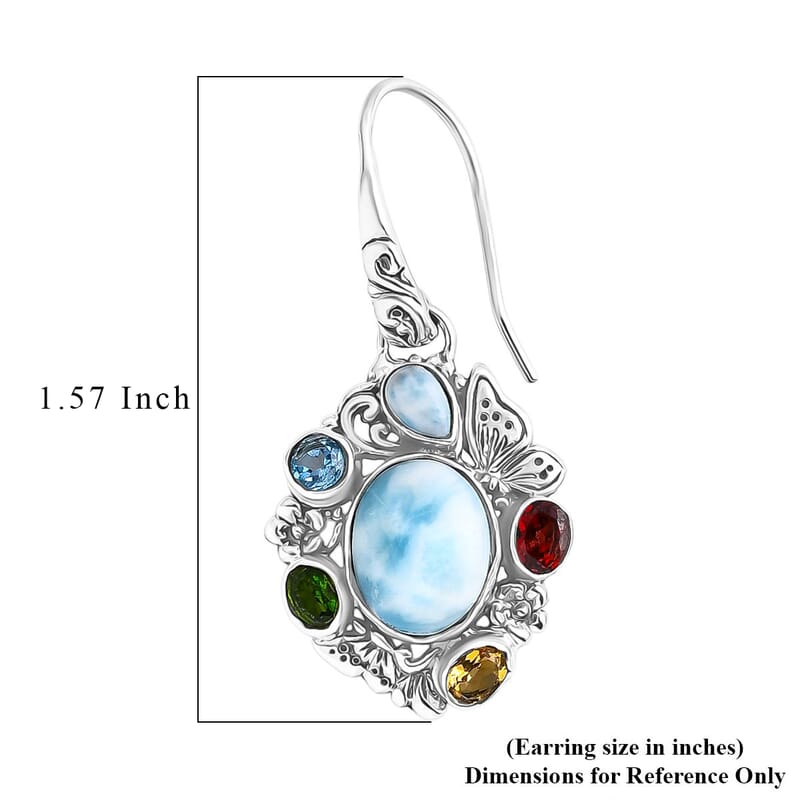 D'Joy Bali Legacy Larimar and Multi Gemstone 8.35 ctw Floral and Butterfly Earrings in Sterling Silver