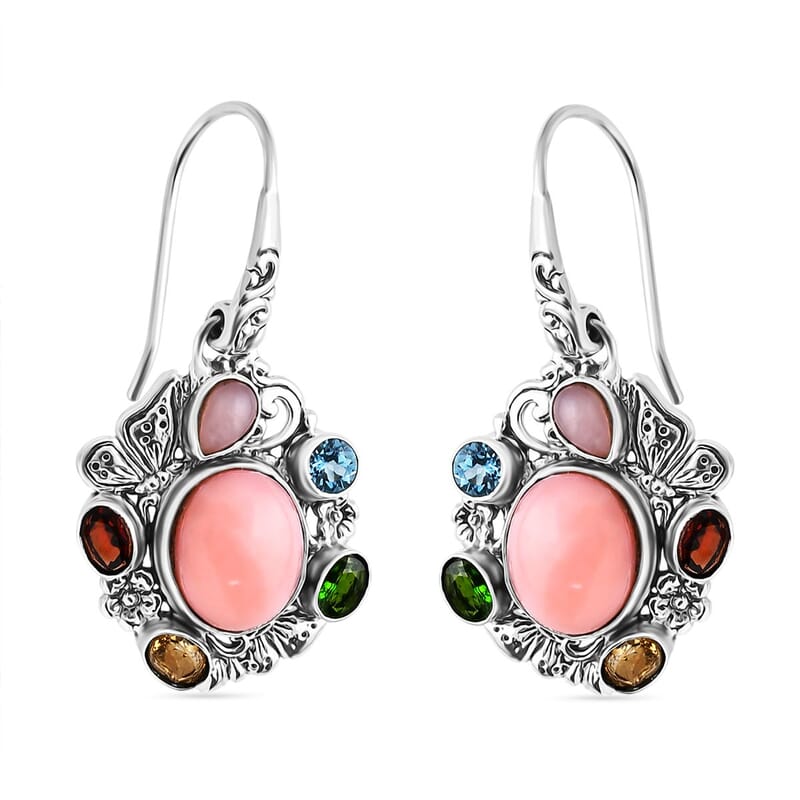 D'Joy Bali Legacy Pink Opal and Multi Gemstone 5.70 ctw Floral and Butterfly Earrings in Sterling Silver