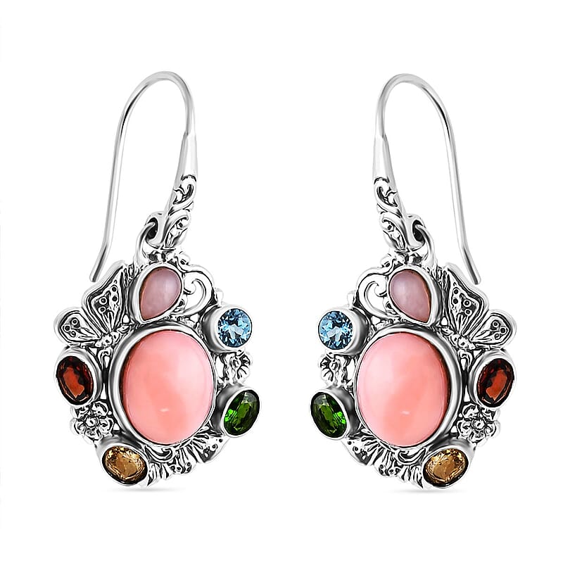 D'Joy Bali Legacy Pink Opal and Multi Gemstone 5.70 ctw Floral and Butterfly Earrings in Sterling Silver