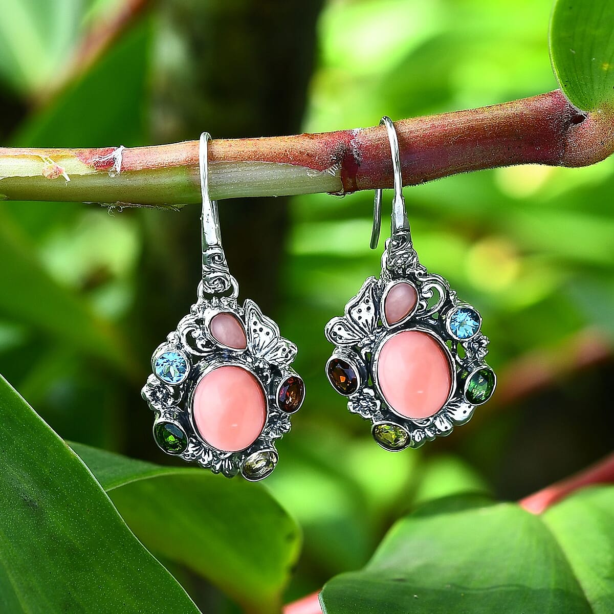 Bali Legacy Pink Opal and Multi Gemstone 5.70 ctw Floral and Butterfly Earrings in Sterling Silver image number 1