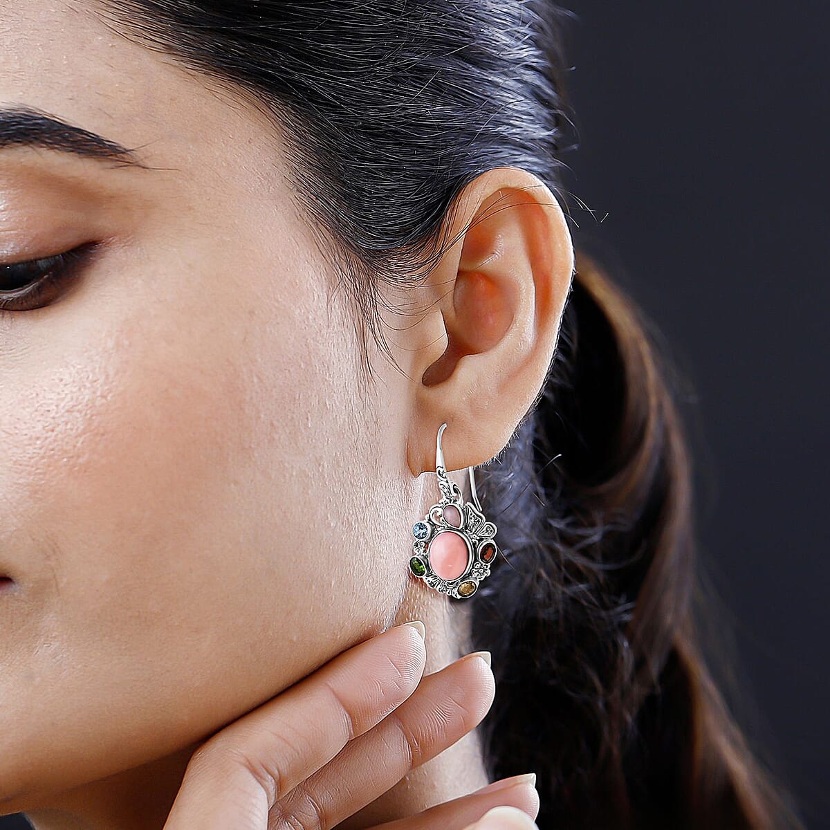 Bali Legacy Pink Opal and Multi Gemstone 5.70 ctw Floral and Butterfly Earrings in Sterling Silver image number 2