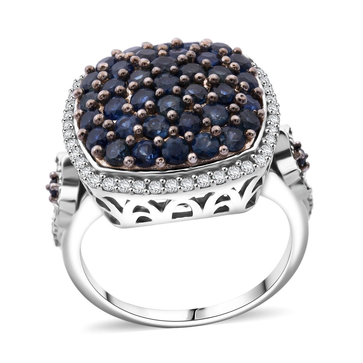 D'Joy Kanchanaburi Blue Sapphire and White Zircon 2.40 ctw Blush Blossom Ring in Rhodium Over Sterling Silver (Size 10.0) image number 0