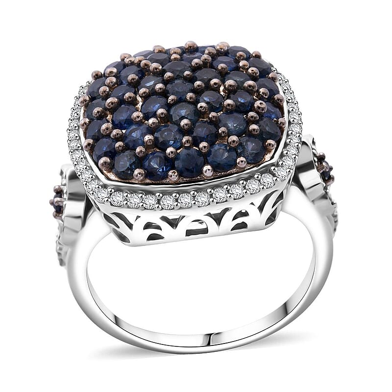 D'Joy Kanchanaburi Blue Sapphire and White Zircon 2.40 ctw Blush Blossom Ring in Rhodium Over Sterling Silver (Size 10.0)