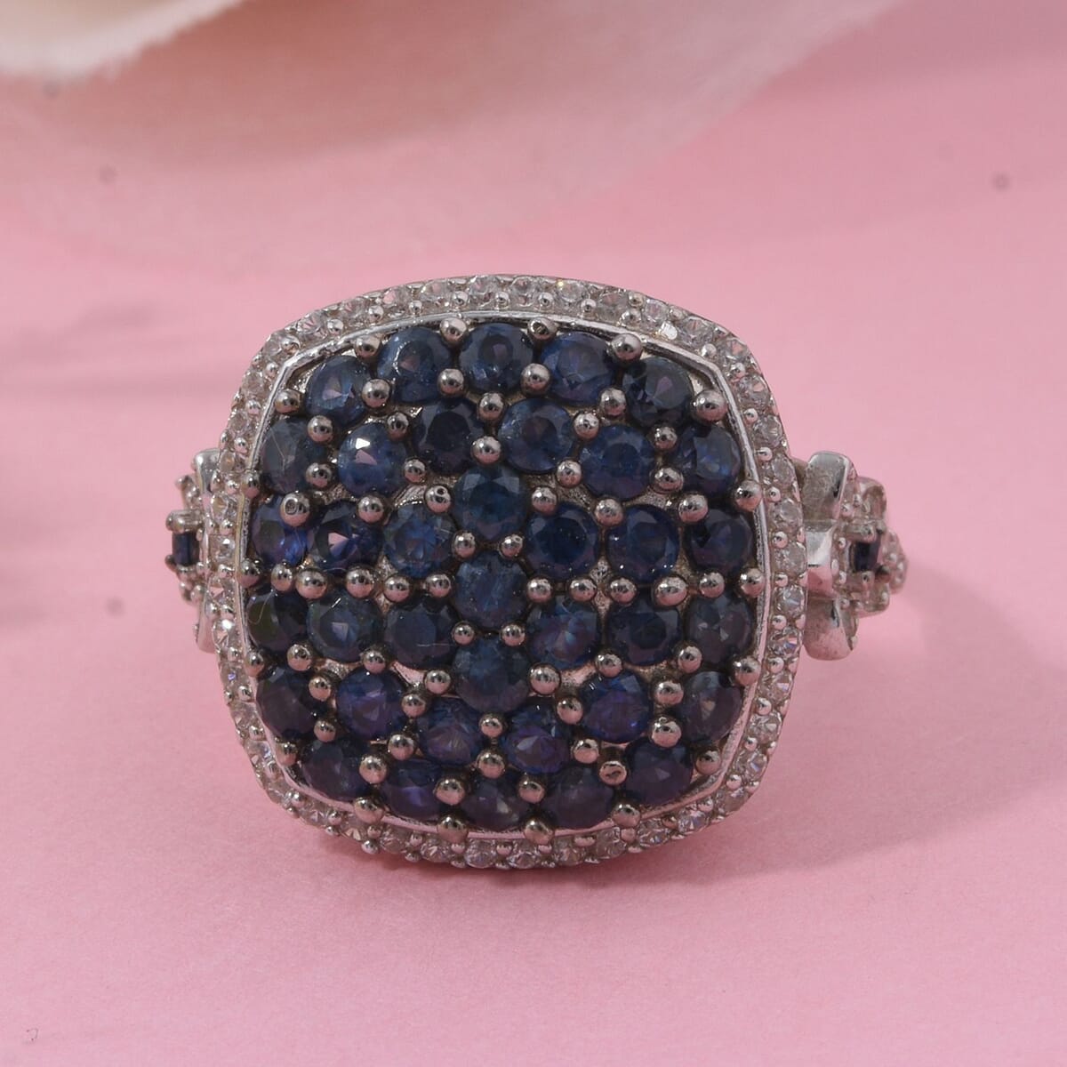 D'Joy Kanchanaburi Blue Sapphire and White Zircon 2.40 ctw Blush Blossom Ring in Rhodium Over Sterling Silver (Size 10.0) image number 1