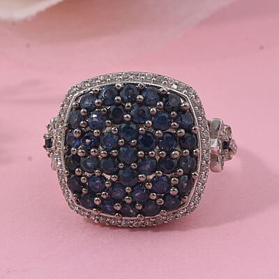 D'Joy Kanchanaburi Blue Sapphire and White Zircon 2.40 ctw Blush Blossom Ring in Rhodium Over Sterling Silver (Size 10.0)