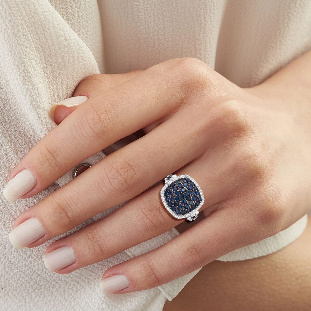 D'Joy Kanchanaburi Blue Sapphire and White Zircon 2.40 ctw Blush Blossom Ring in Rhodium Over Sterling Silver (Size 10.0) image number 2