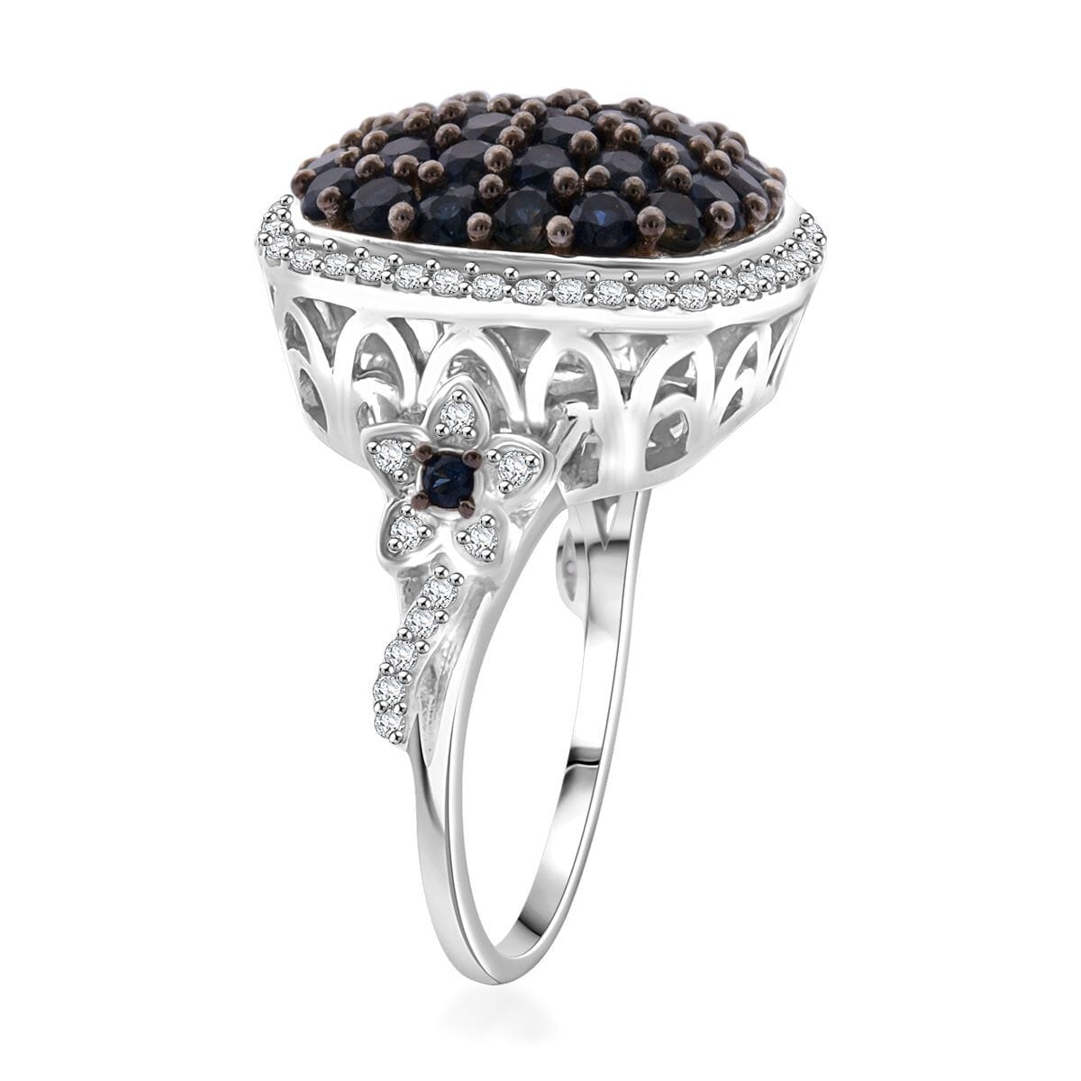 D'Joy Kanchanaburi Blue Sapphire and White Zircon 2.40 ctw Blush Blossom Ring in Rhodium Over Sterling Silver (Size 10.0) image number 3
