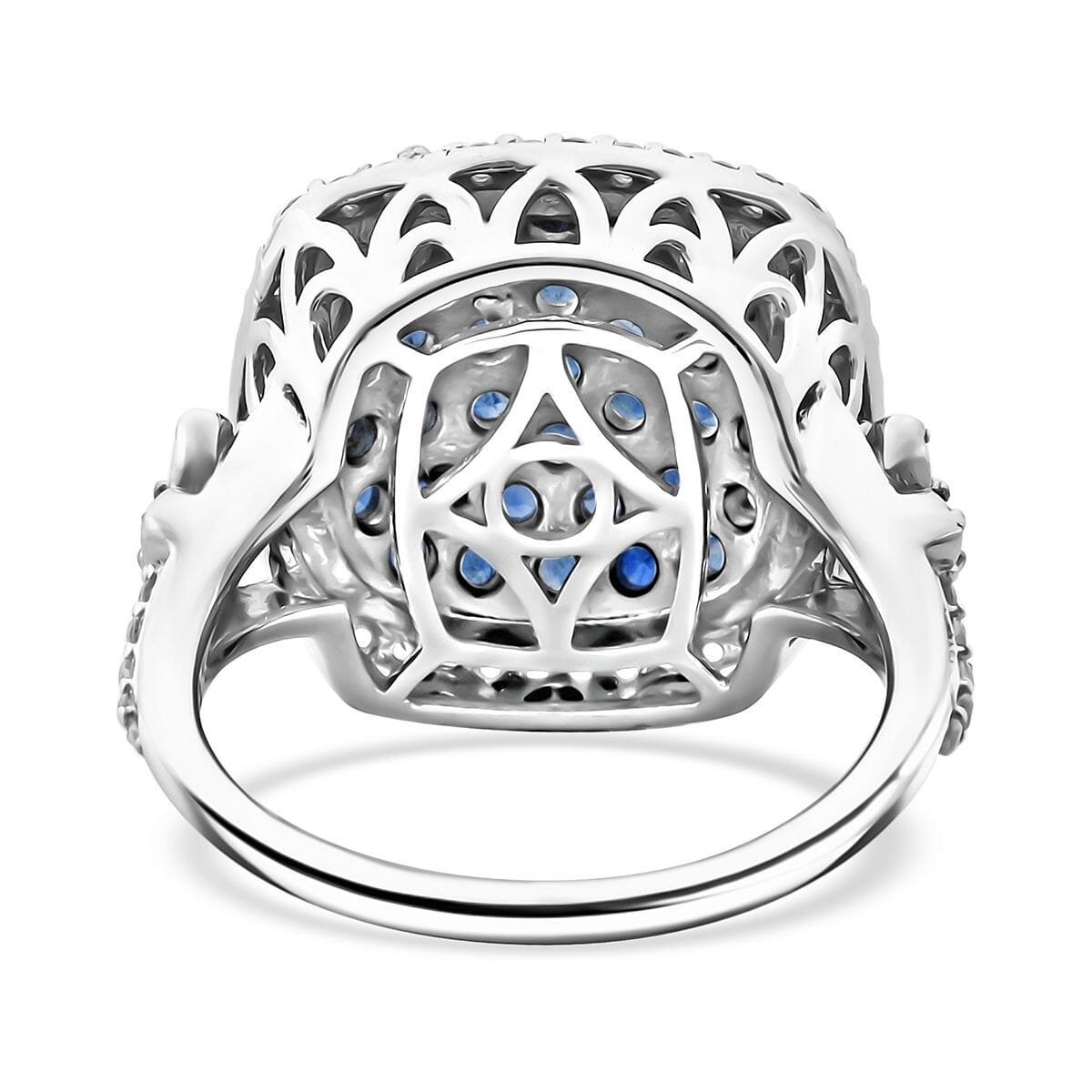 D'Joy Kanchanaburi Blue Sapphire and White Zircon 2.40 ctw Blush Blossom Ring in Rhodium Over Sterling Silver (Size 10.0) image number 4