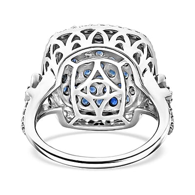 D'Joy Kanchanaburi Blue Sapphire and White Zircon 2.40 ctw Blush Blossom Ring in Rhodium Over Sterling Silver (Size 10.0)