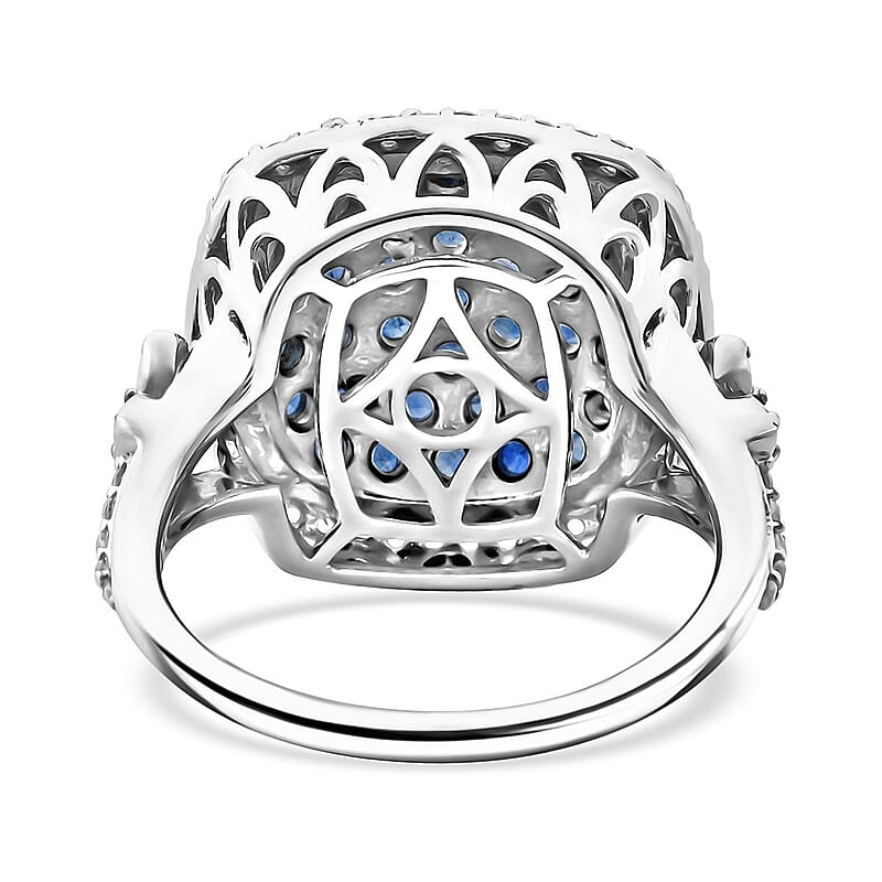 D'Joy Kanchanaburi Blue Sapphire and White Zircon 2.40 ctw Blush Blossom Ring in Rhodium Over Sterling Silver (Size 10.0)