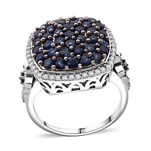 D'Joy Kanchanaburi Blue Sapphire and White Zircon 2.40 ctw Blush Blossom Ring in Rhodium Over Sterling Silver (Size 6.0)