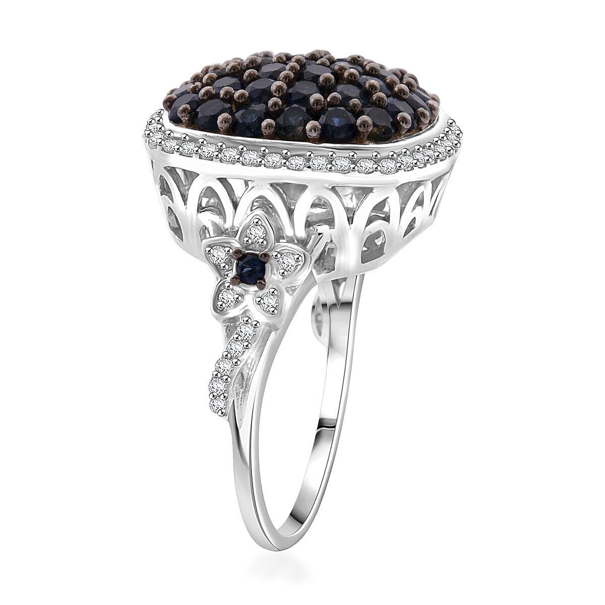 D'Joy Kanchanaburi Blue Sapphire and White Zircon 2.40 ctw Blush Blossom Ring in Rhodium Over Sterling Silver (Size 6.0) image number 3