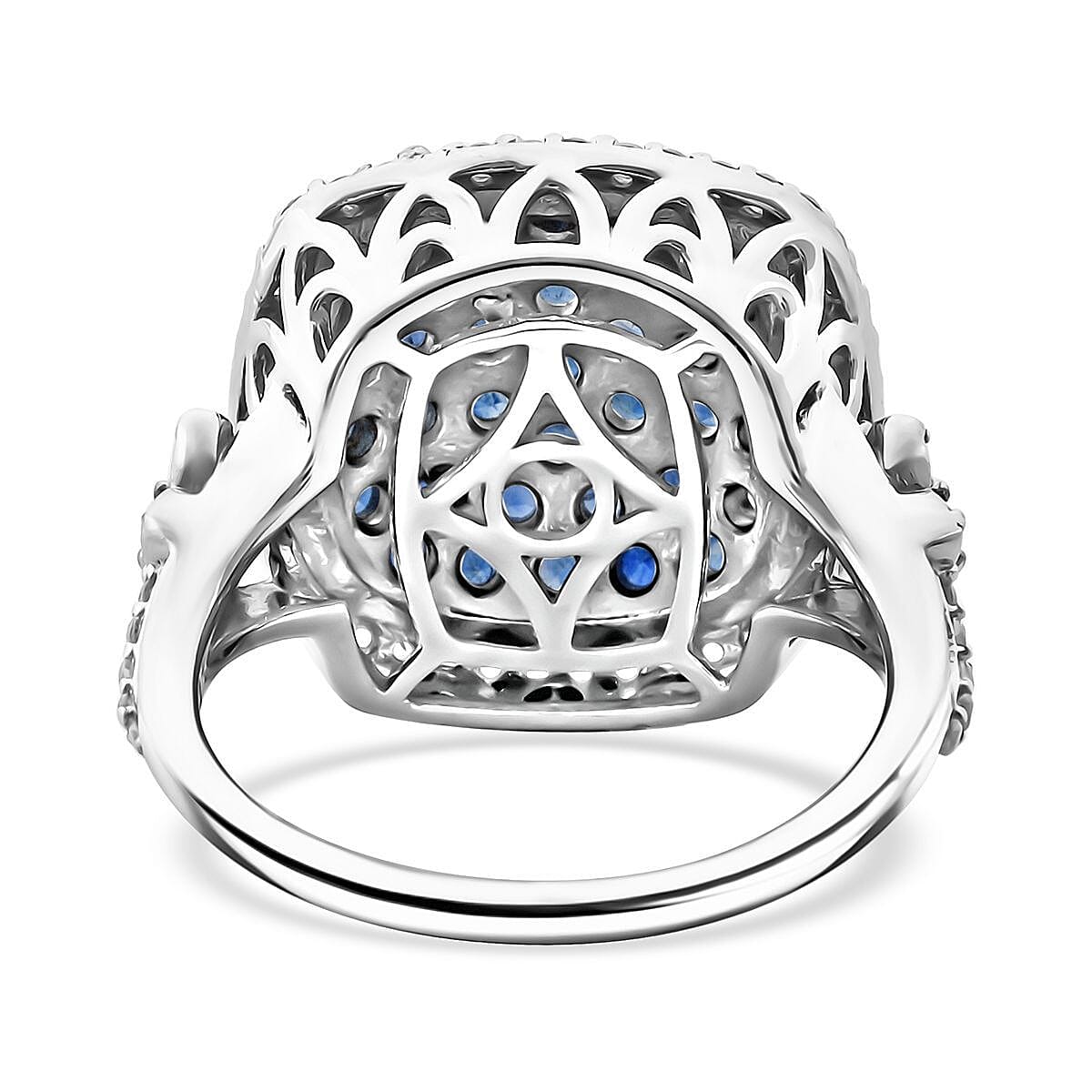 D'Joy Kanchanaburi Blue Sapphire and White Zircon 2.40 ctw Blush Blossom Ring in Rhodium Over Sterling Silver (Size 6.0) image number 4