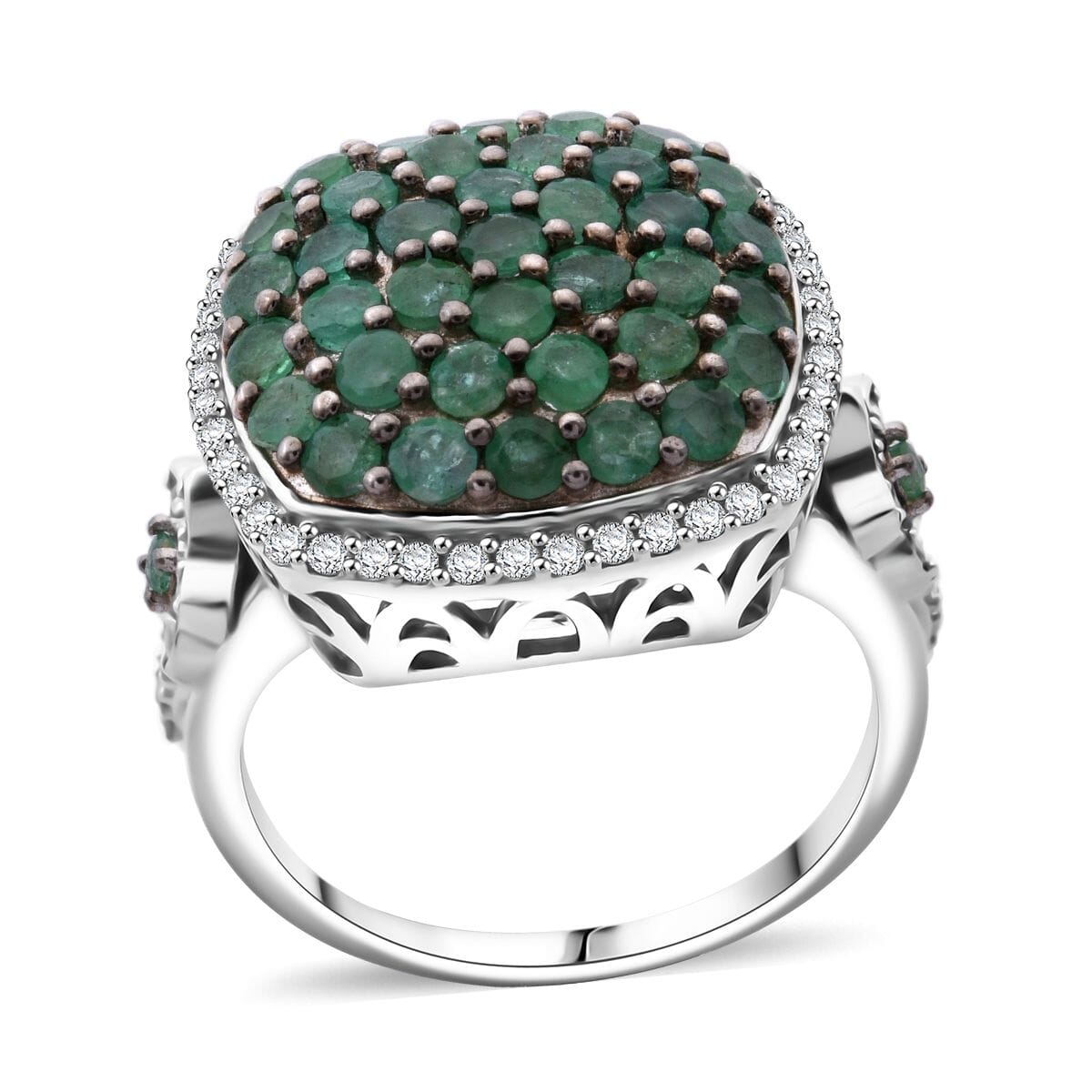 D'Joy Kagem Zambian Emerald and White Zircon 2.40 ctw Blush Blossom Ring in Rhodium Over Sterling Silver (Size 10.0) image number 0