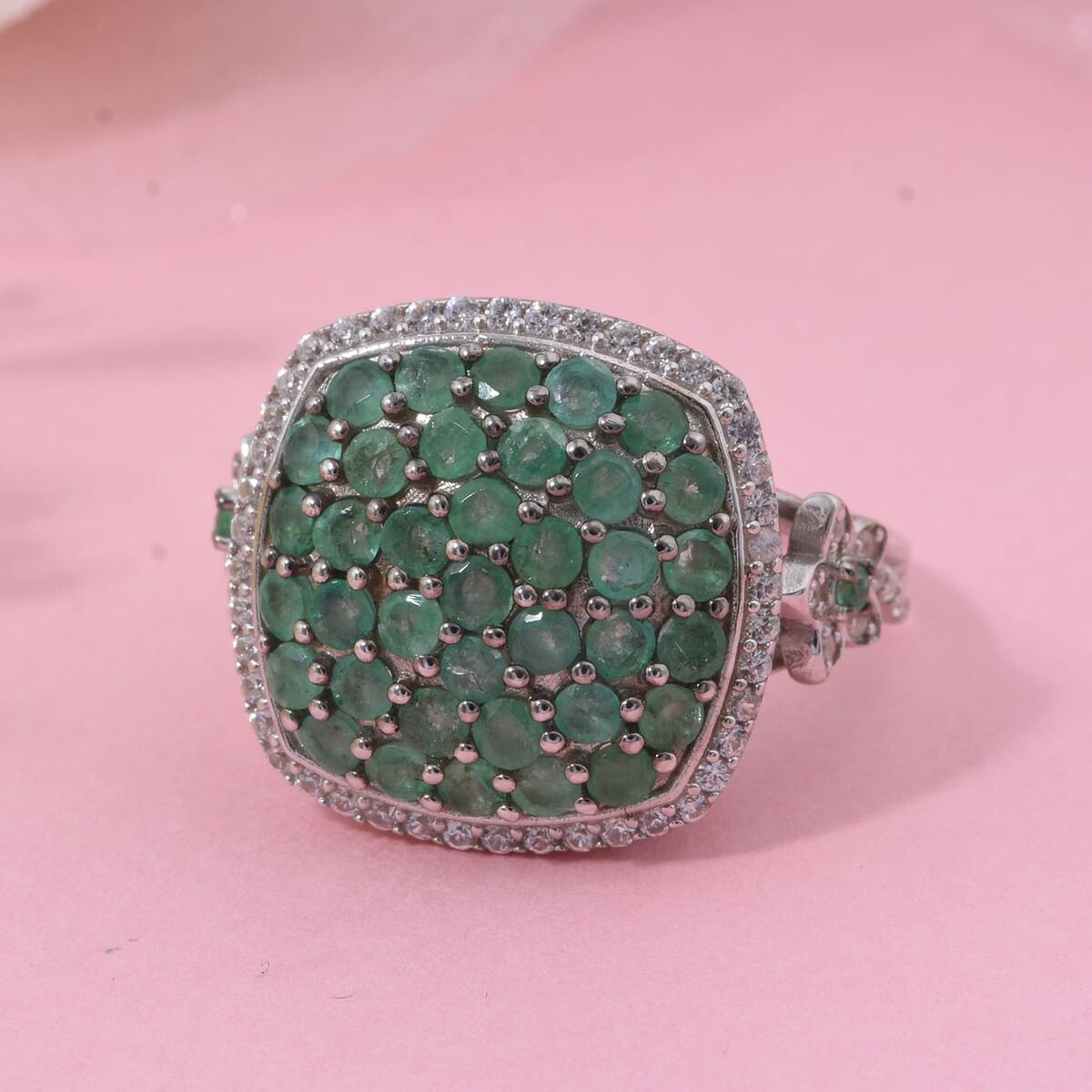 D'Joy Kagem Zambian Emerald and White Zircon 2.40 ctw Blush Blossom Ring in Rhodium Over Sterling Silver (Size 10.0) image number 1