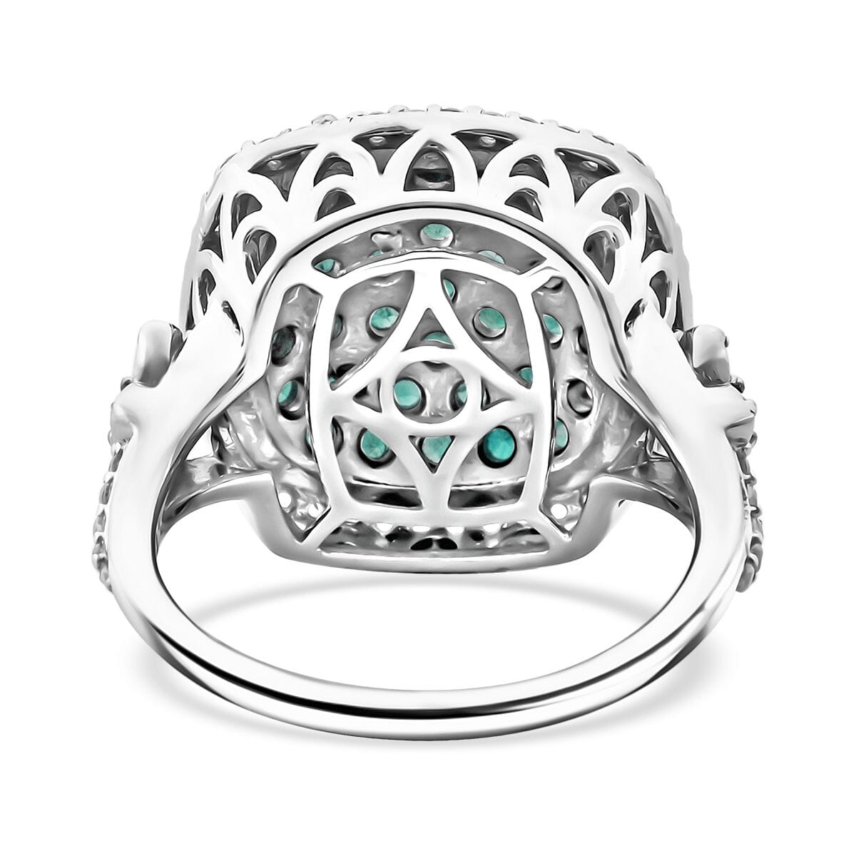 D'Joy Kagem Zambian Emerald and White Zircon 2.40 ctw Blush Blossom Ring in Rhodium Over Sterling Silver (Size 10.0) image number 4