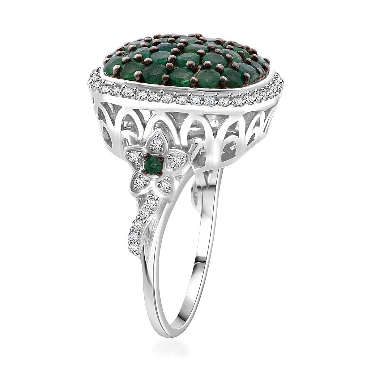 D'Joy Kagem Zambian Emerald and White Zircon 2.40 ctw Blush Blossom Ring in Rhodium Over Sterling Silver (Size 6.0)